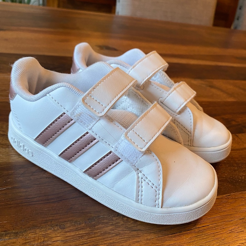 Toddler White and Rose Gold Adidas